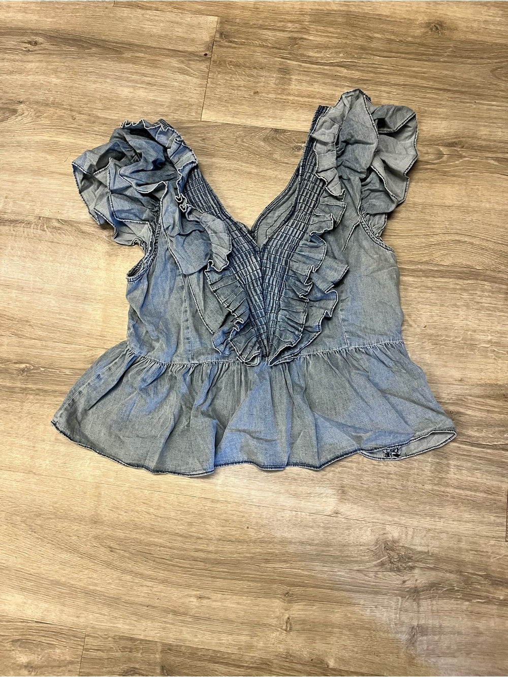 BiBi Light Blue Ruffled Chambray Peplum Blouse